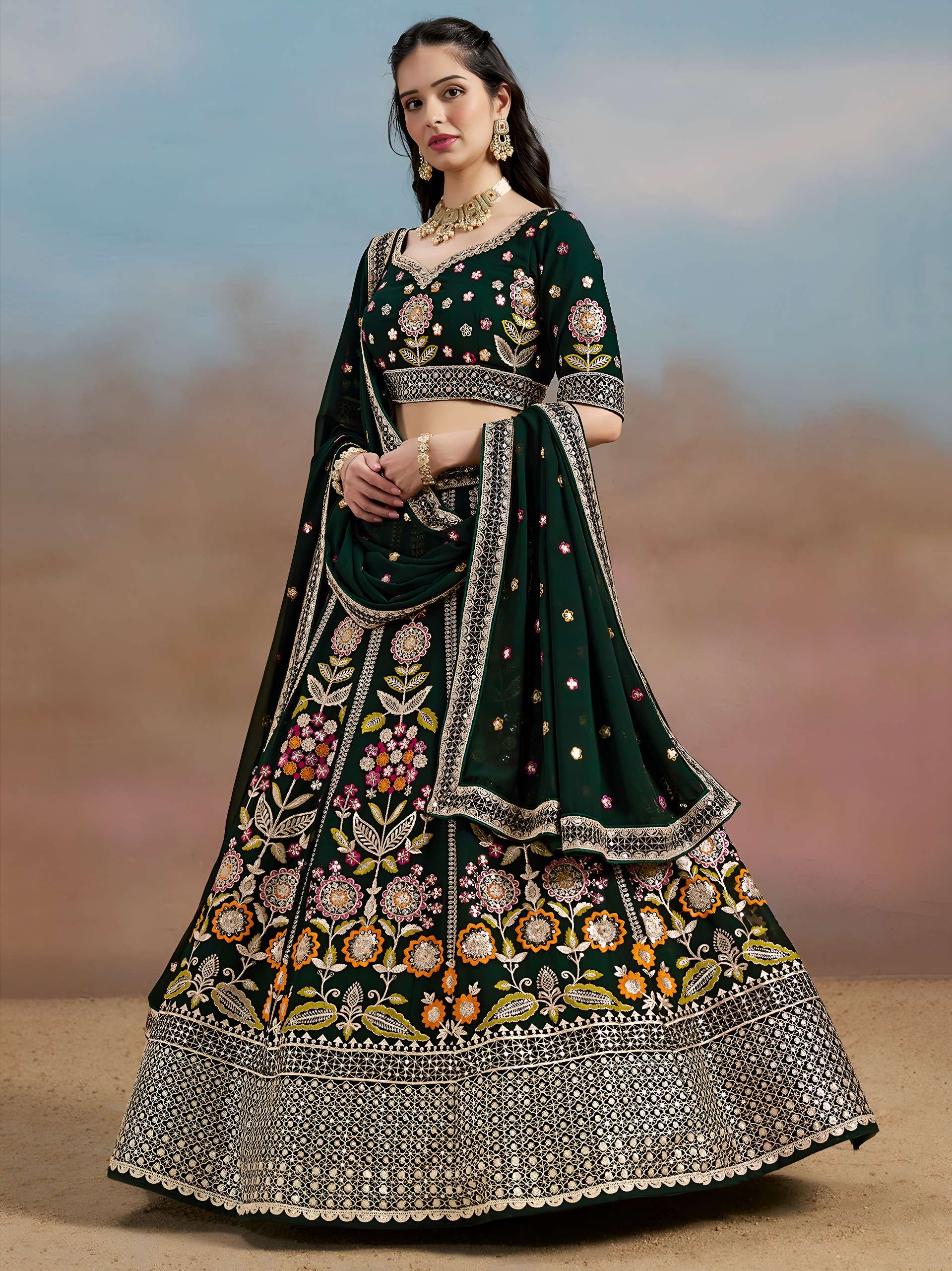 Bottle Green Multicolor colour Georgette and Floral fabric with Embroidered work Lehenga choli wholesale in surat 6008 Green 